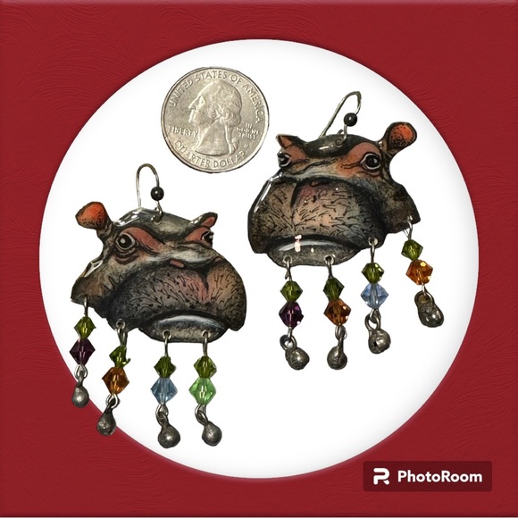 Vintage handpainted African River hippos earrings jewelry wildlife - Picture 3 of 5